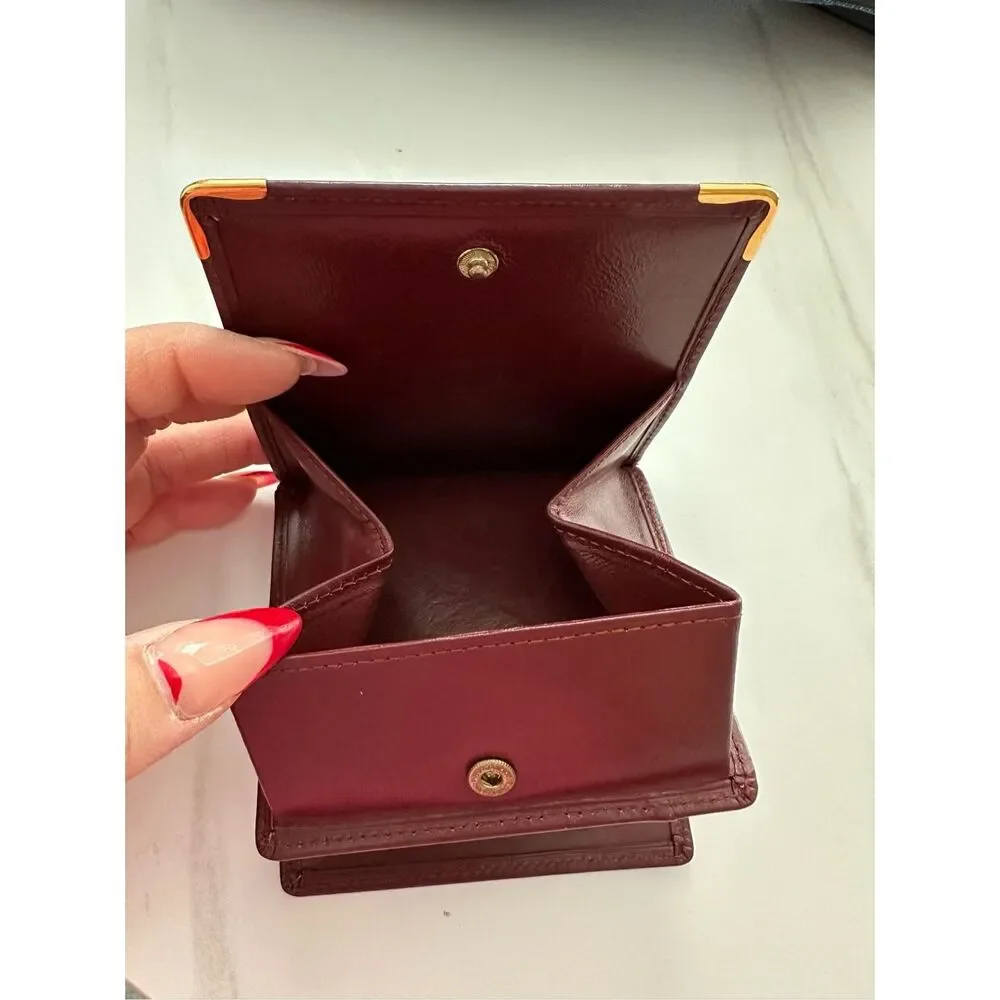 Cartier Leather Credit Card Slot Logo Bifold Coin Wallet Burgundy Red One Size